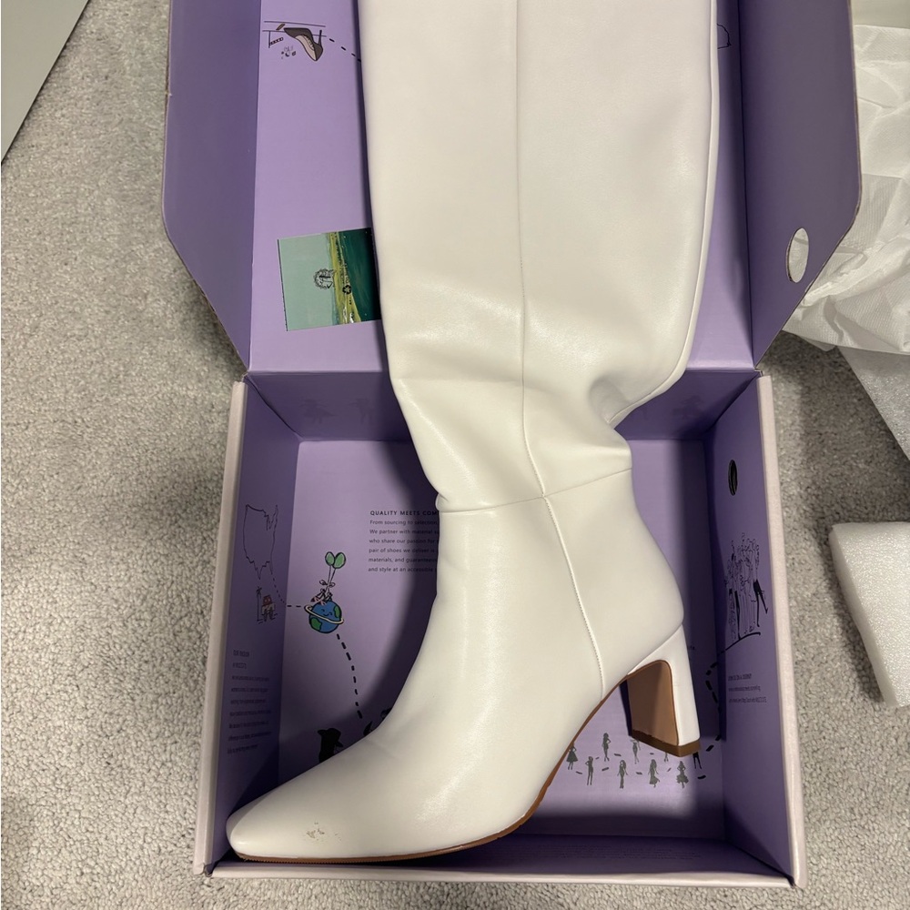 Elegant White Knee-High Boots Square Heel Side Zipper
